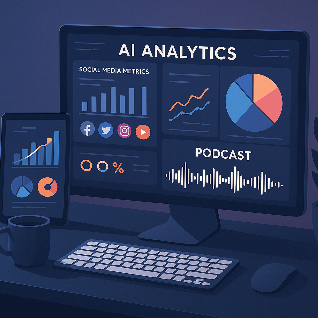 Modern digital workspace showing AI analytics dash
